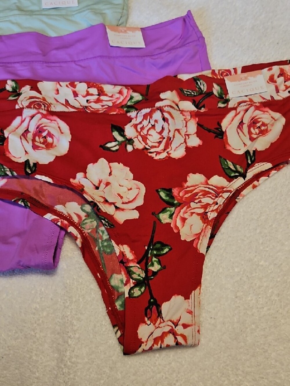 Cacique Three-Pack Hipster Panties in Red Floral, Purple & Mint - Picture 2 of 8